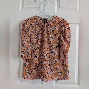 WAYF Floral Puff Sleeve Pink Orange Blouse - Boho Romantic Elbow-Length Top - S